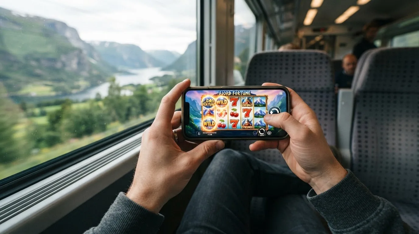 To tomler som holder en mobil i liggende stilling i et tog med vinduer og et landskap som suser forbi