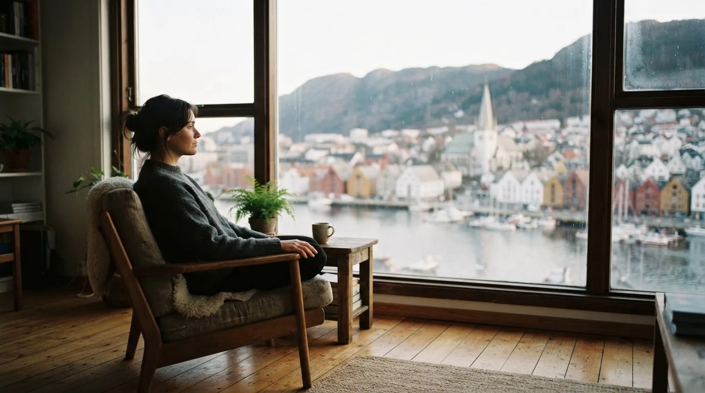 Person som sitter på en stol ved et vindu og ser ut over byen med et rolig uttrykk, morgenlys